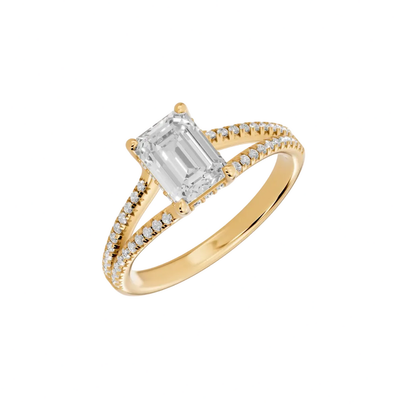 emerald lab grown diamond engagement ring in silver, three‑quarter view