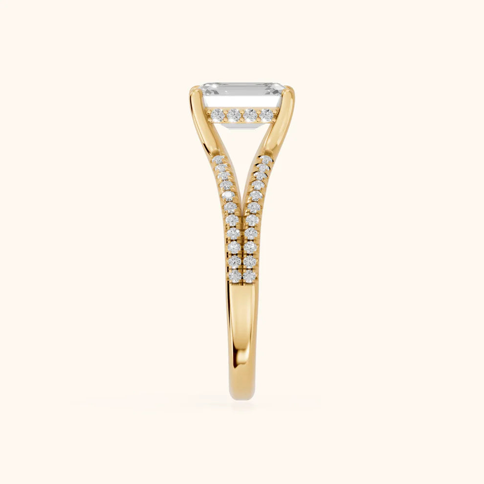 emerald lab grown diamond engagement ring in 14k, top view