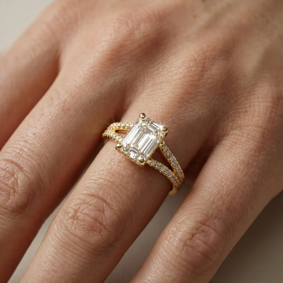 emerald lab grown diamond engagement ring in 18k, side profile