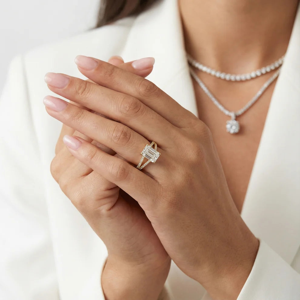 Emerald Cut Pavé Split Shank Lab Grown Diamond And Moissanite Solitaire Engagement Ring