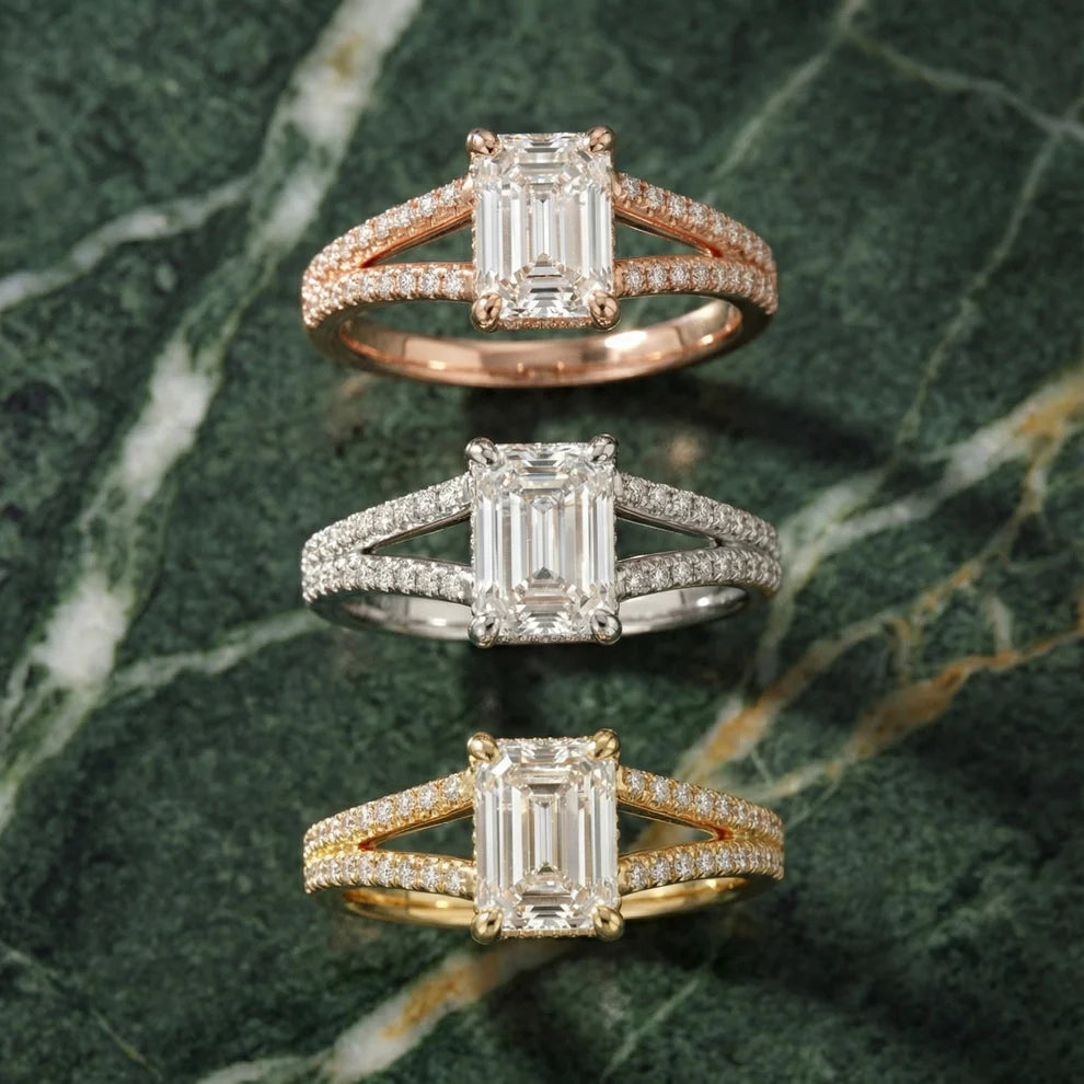 Emerald Cut Pavé Split Shank Lab Grown Diamond And Moissanite Solitaire Engagement Ring