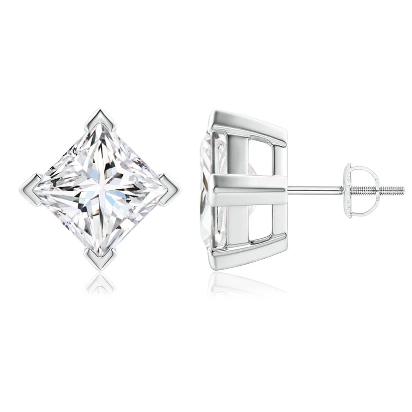 princess lab grown diamond earrings in silver, three-quarter view