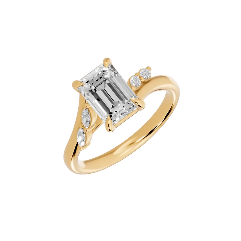 Emerald Cut Floral Lab Grown Diamond & Moissanite Engagement Ring