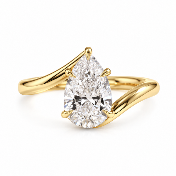 pear lab grown diamond engagement ring in gold, three-quarter view