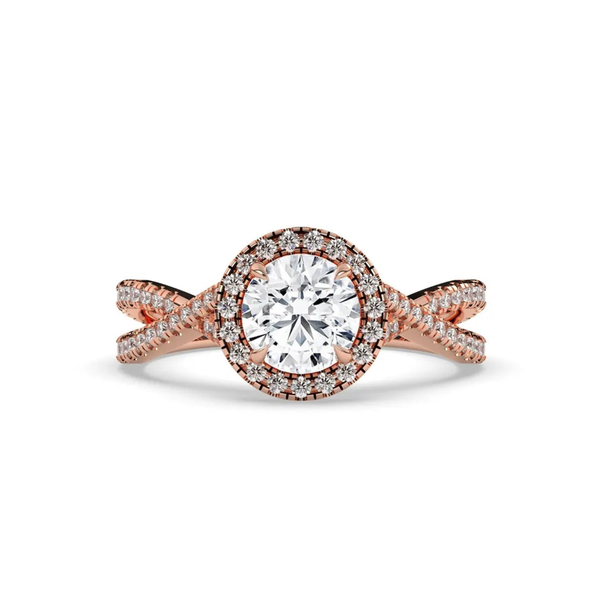 A rose gold engagement ring featuring a round-cut center diamond surrounded by a halo of small pavé diamonds, with a twisted shank also accented by diamonds, set against a plain white background.