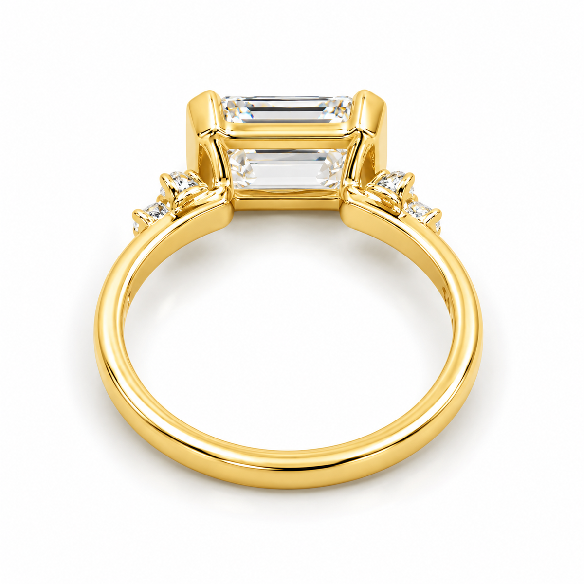 emerald lab grown diamond engagement ring in gold, top view