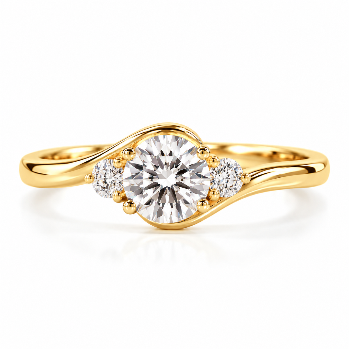 round lab grown diamond engagement ring in gold, three-quarter view