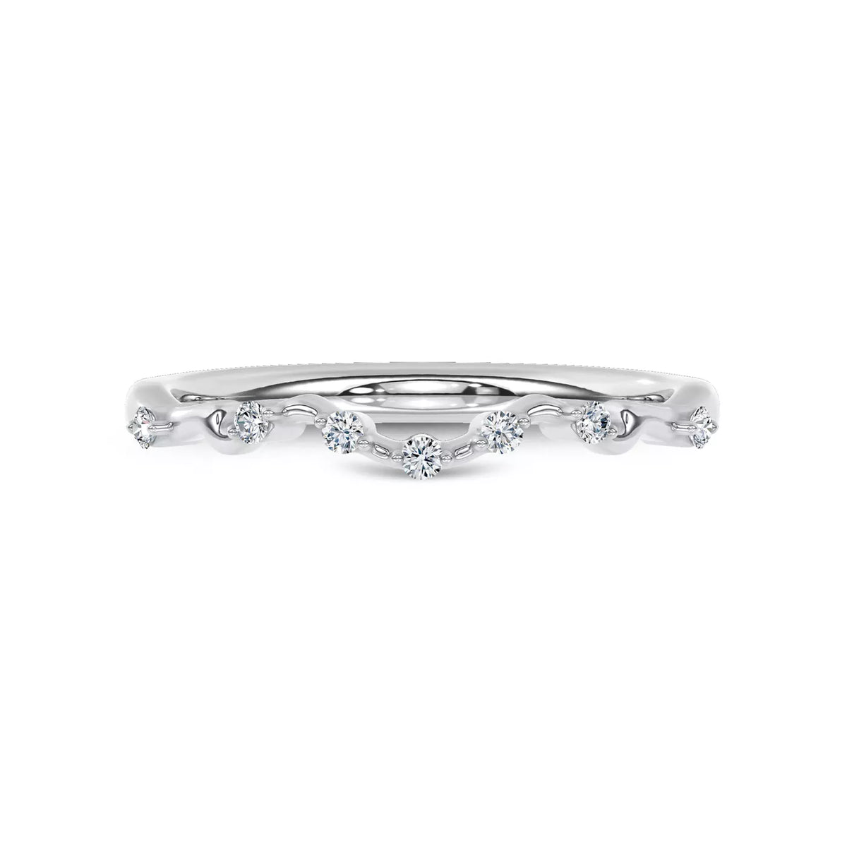 round lab grown diamond wedding band in silver, three-quarter view