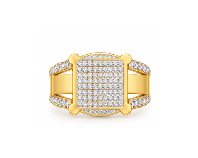 round lab grown diamond signet ring in metal, three-quarter view