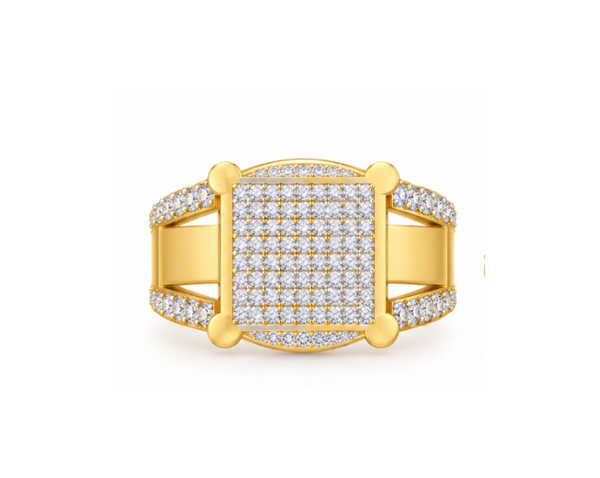 round lab grown diamond signet ring in metal, three-quarter view