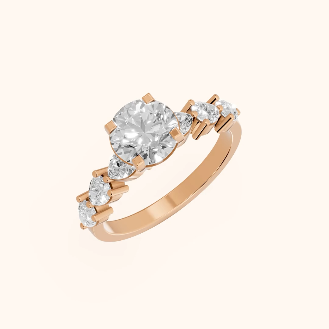 Round Cut Lab Grown Diamond & Moissanite Three Stone Engagement Ring with Pear Side Stones