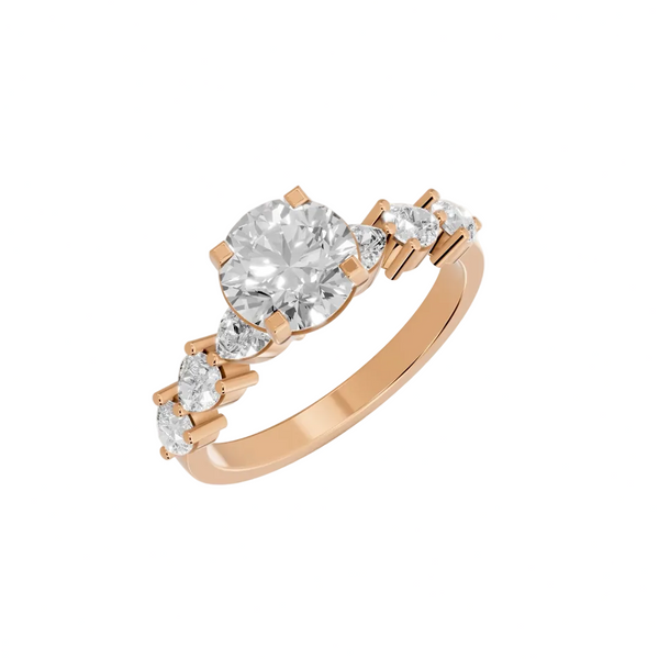 Round Cut Lab Grown Diamond & Moissanite Three Stone Engagement Ring with Pear Side Stones