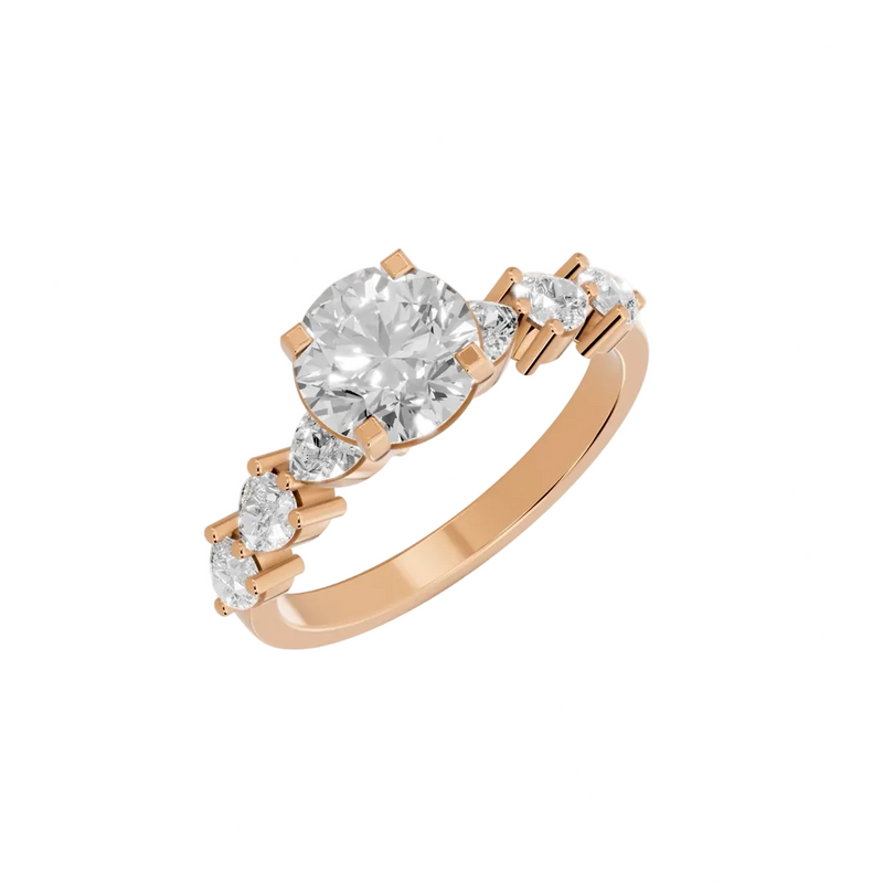 Round Cut Lab Grown Diamond & Moissanite Three Stone Engagement Ring with Pear Side Stones