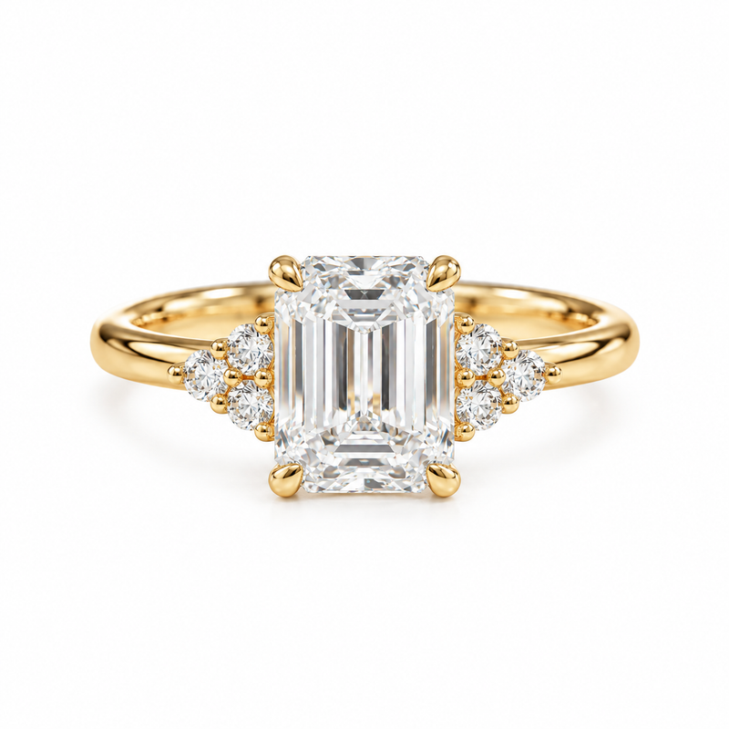 emerald lab grown diamond engagement ring in silver, three-quarter view