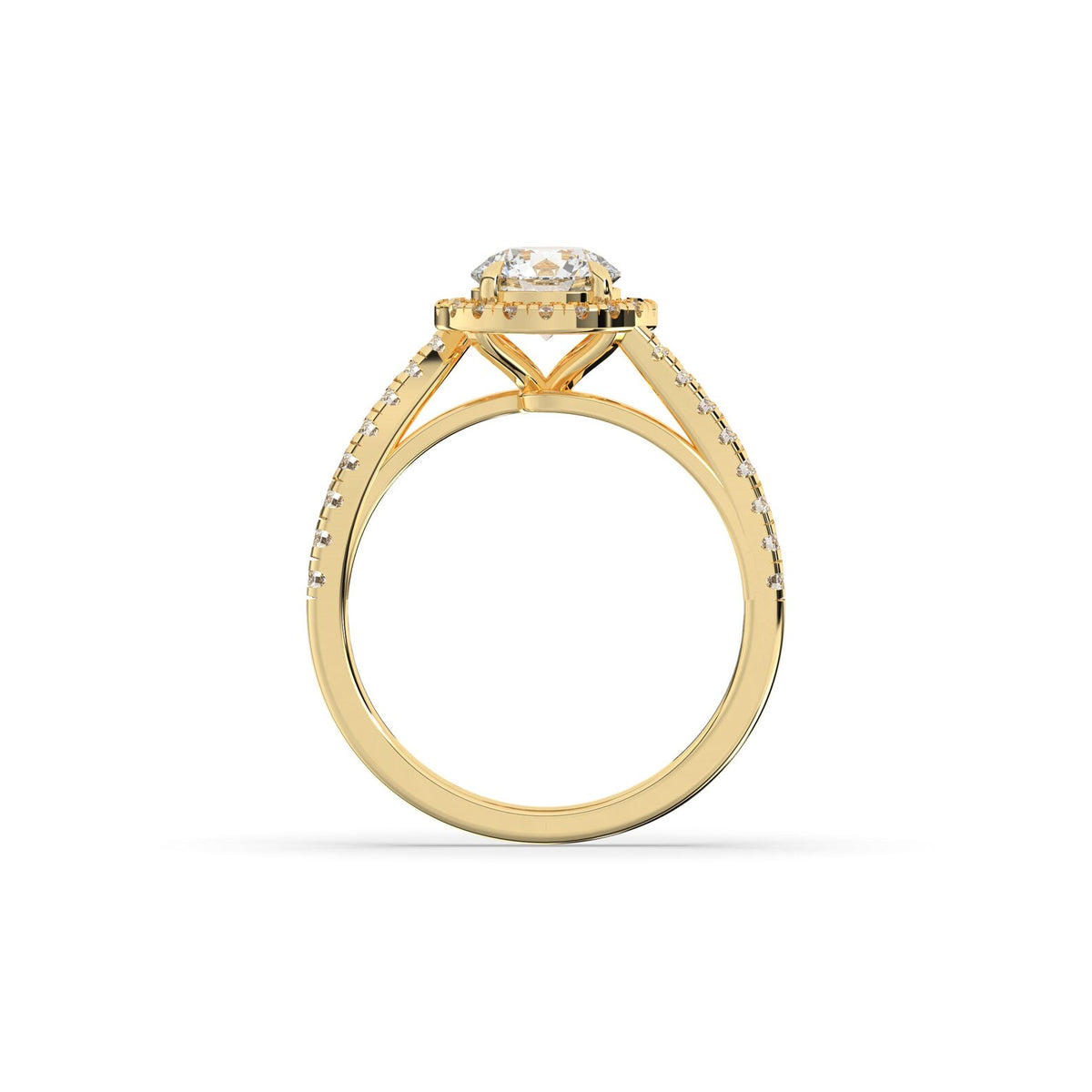 round lab grown diamond engagement ring in gold, side profile