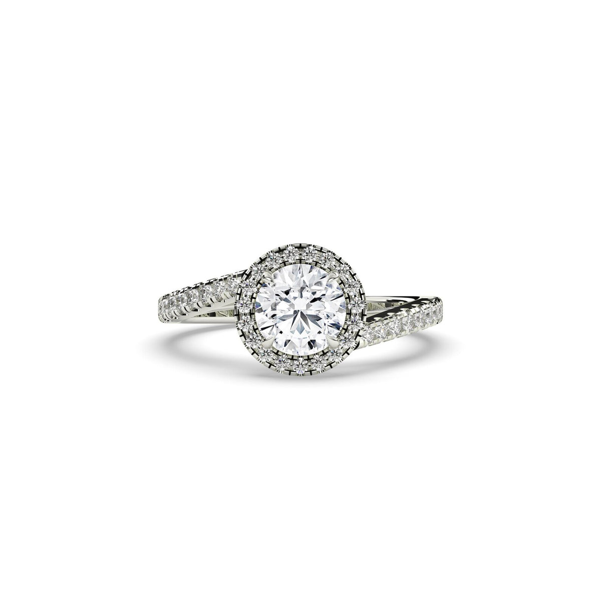 round lab grown diamond engagement ring in gold, detail of the setting