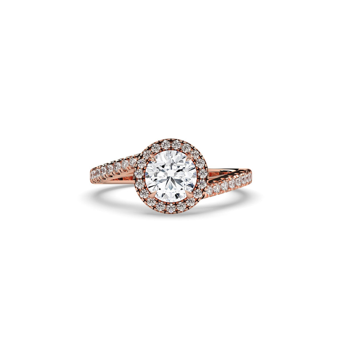 round lab grown diamond engagement ring in gold, on-hand
