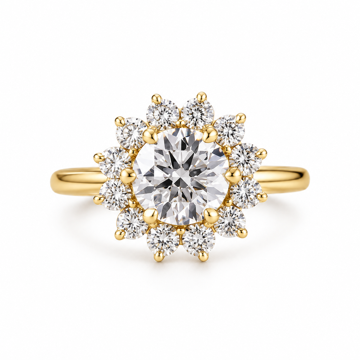 round lab grown diamond engagement ring in silver, three-quarter view