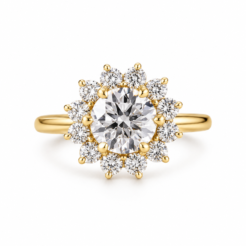 round lab grown diamond engagement ring in silver, three-quarter view