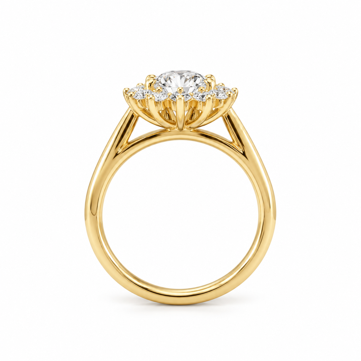 round lab grown diamond engagement ring in 14k, top view
