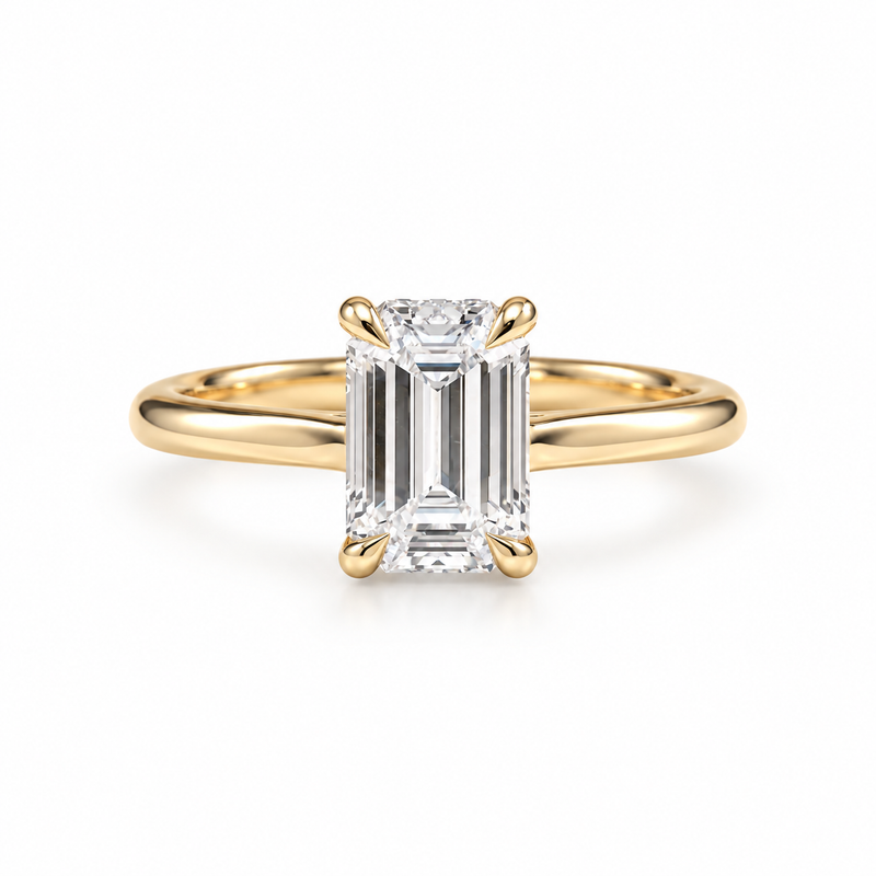 Emerald Cut Hidden Halo Solitaire Engagement Ring – Lab Grown Diamond & Moissanite
