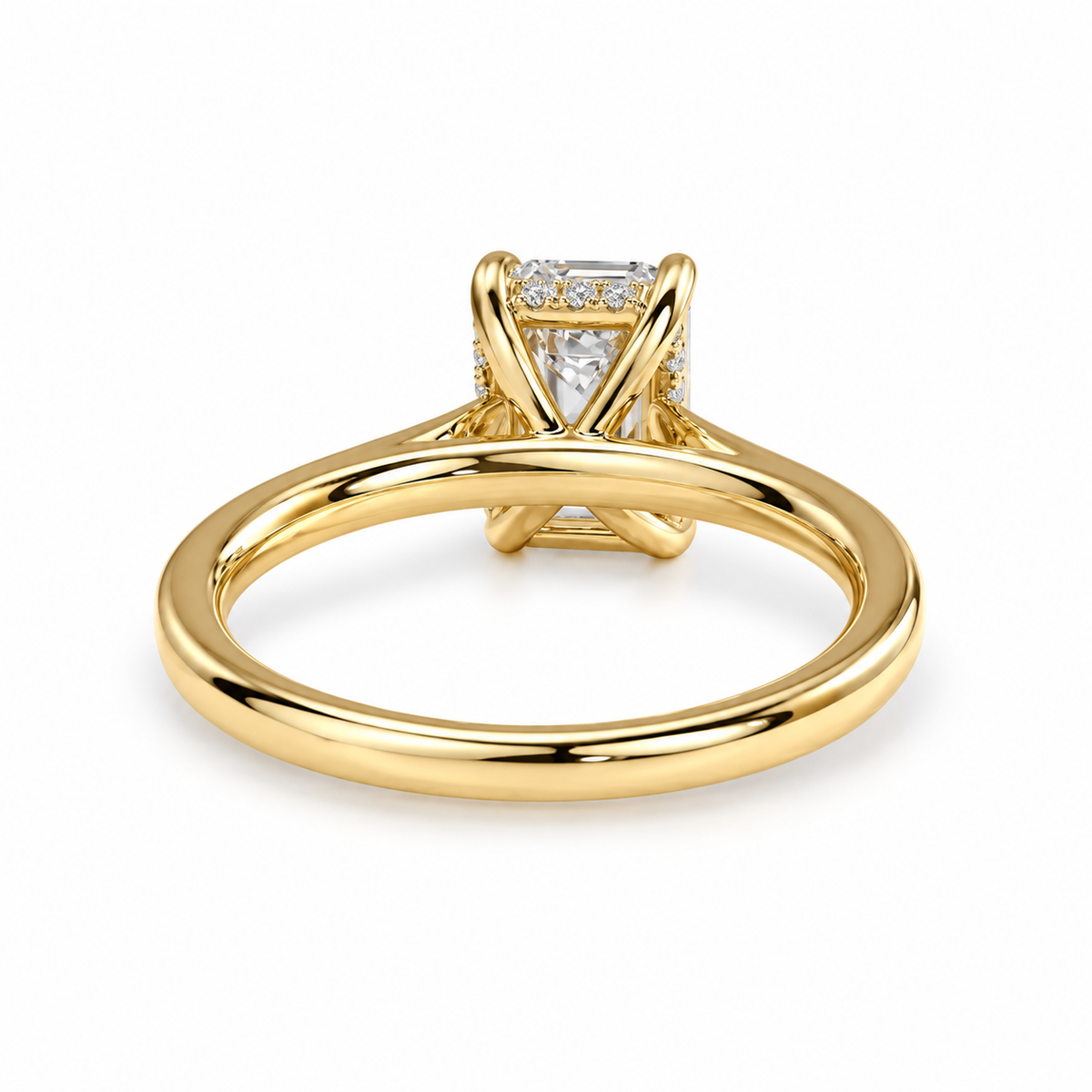 Emerald Cut Hidden Halo Solitaire Engagement Ring – Lab Grown Diamond & Moissanite