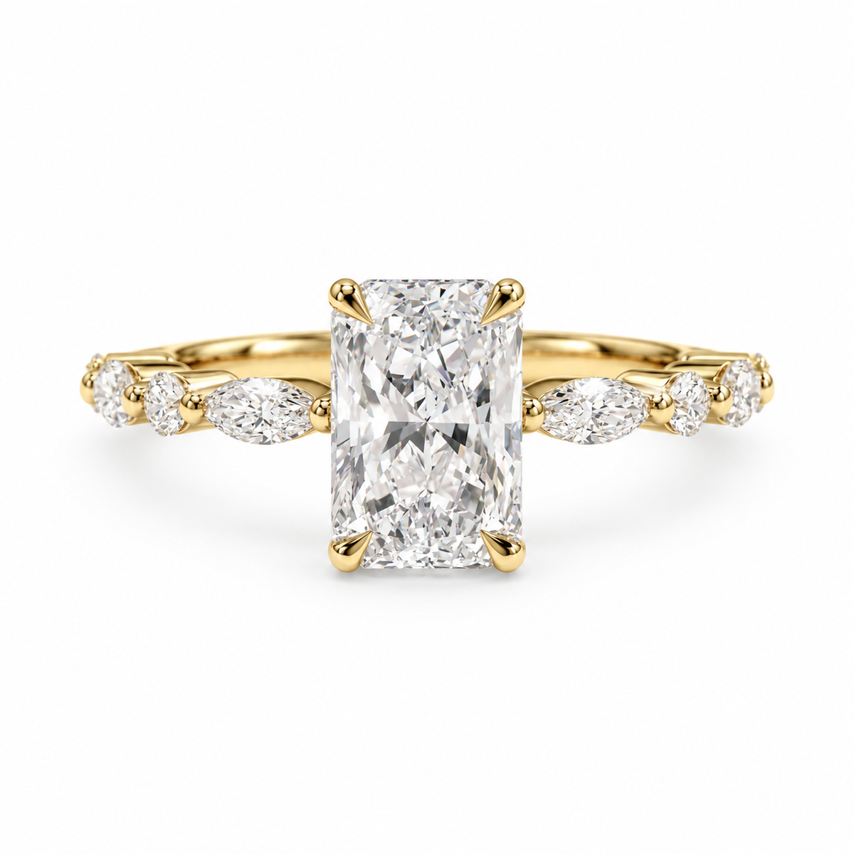 radiant lab grown diamond engagement ring in 14k gold, top view