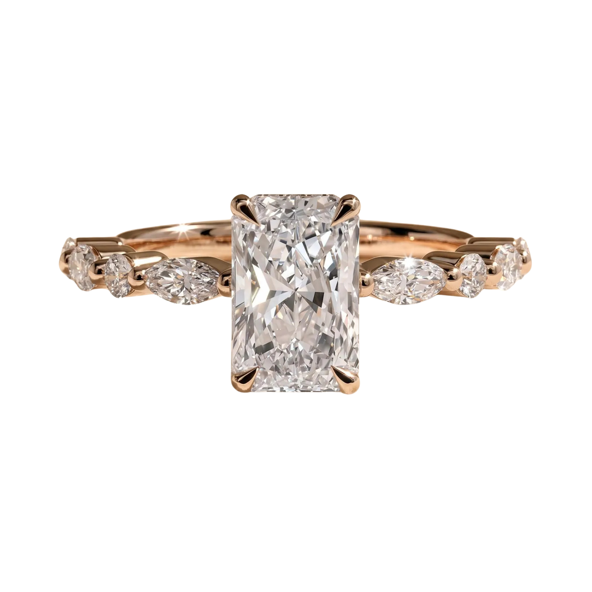 radiant lab grown diamond engagement ring in 18k gold, side profile