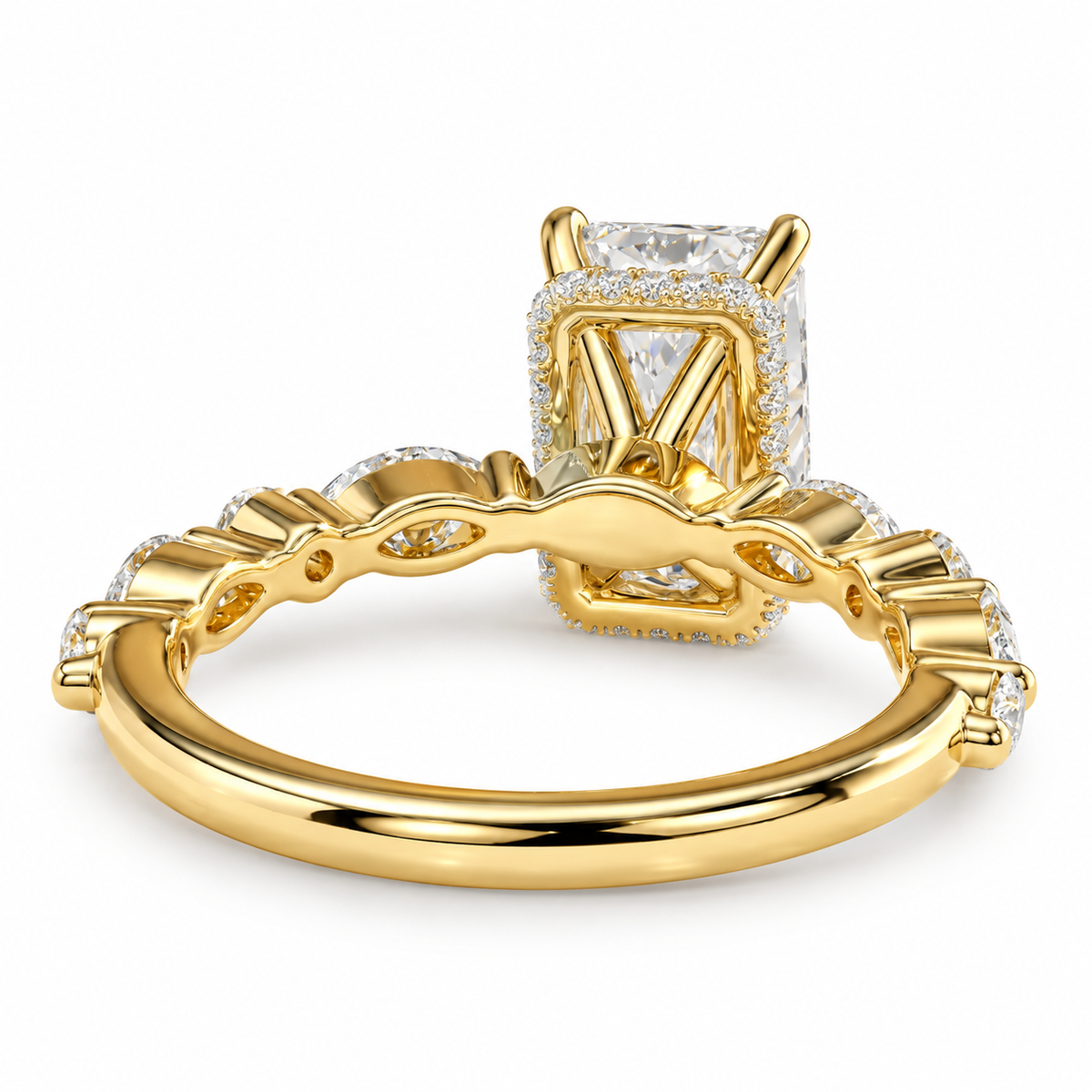 Radiant Cut Engagement Ring  Marquise & Round Accent Stones  Hidden Halo