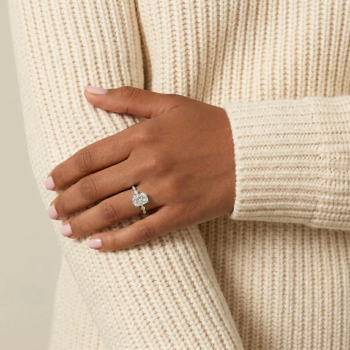 Radiant Cut Engagement Ring  Marquise & Round Accent Stones  Hidden Halo