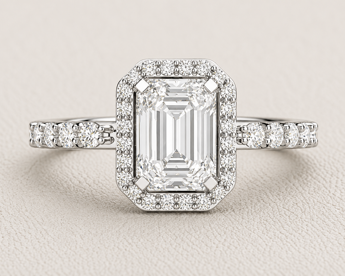Emerald Cut Lab Grown Diamond & Moissanite Halo Engagement Ring with Pavé Band