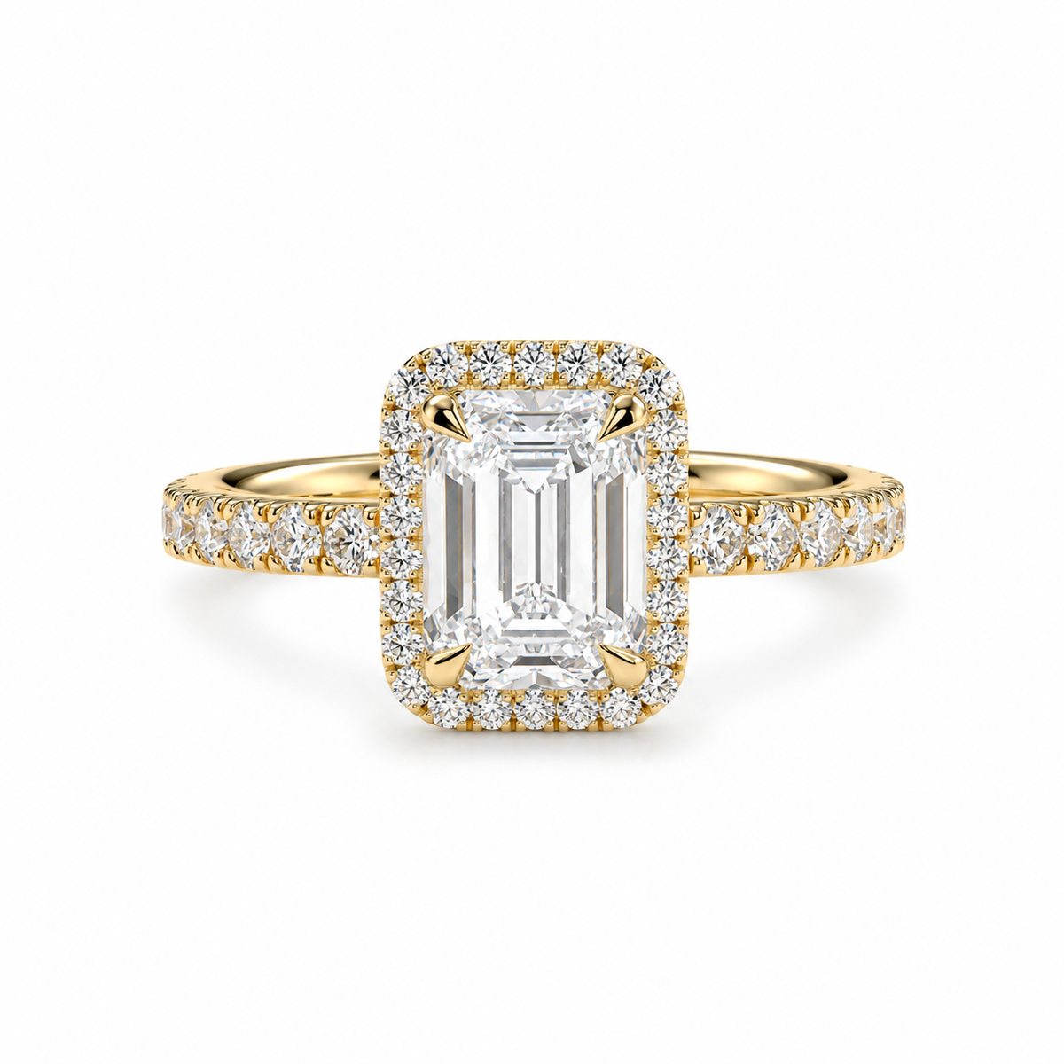 Emerald Cut Lab Grown Diamond & Moissanite Halo Engagement Ring with Pavé Band