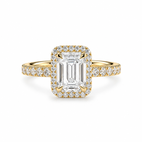 Emerald Cut Lab Grown Diamond & Moissanite Halo Engagement Ring with Pavé Band