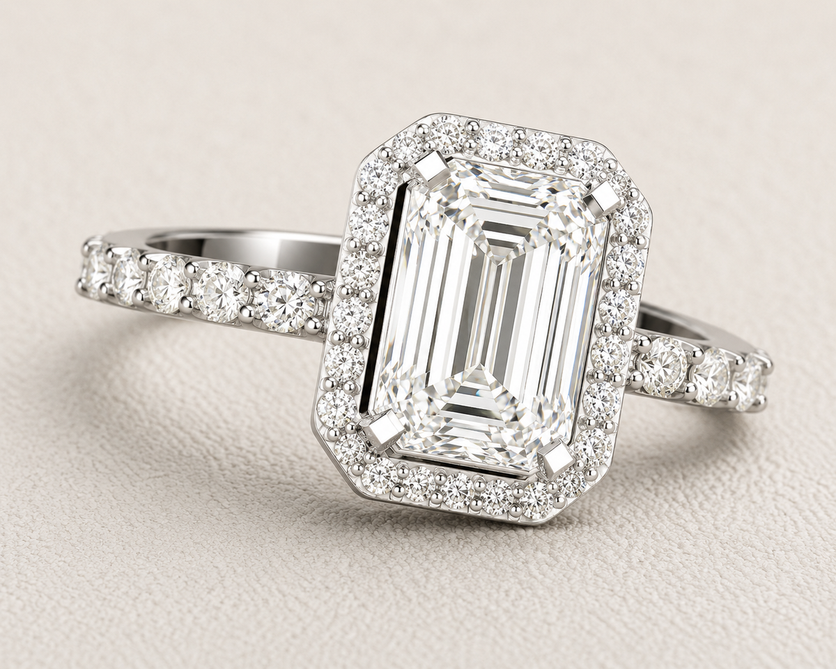 Emerald Cut Lab Grown Diamond & Moissanite Halo Engagement Ring with Pavé Band