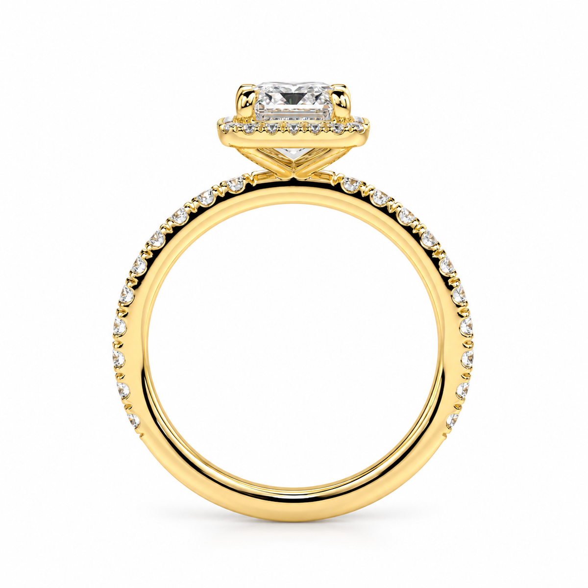 Emerald Cut Lab Grown Diamond & Moissanite Halo Engagement Ring with Pavé Band