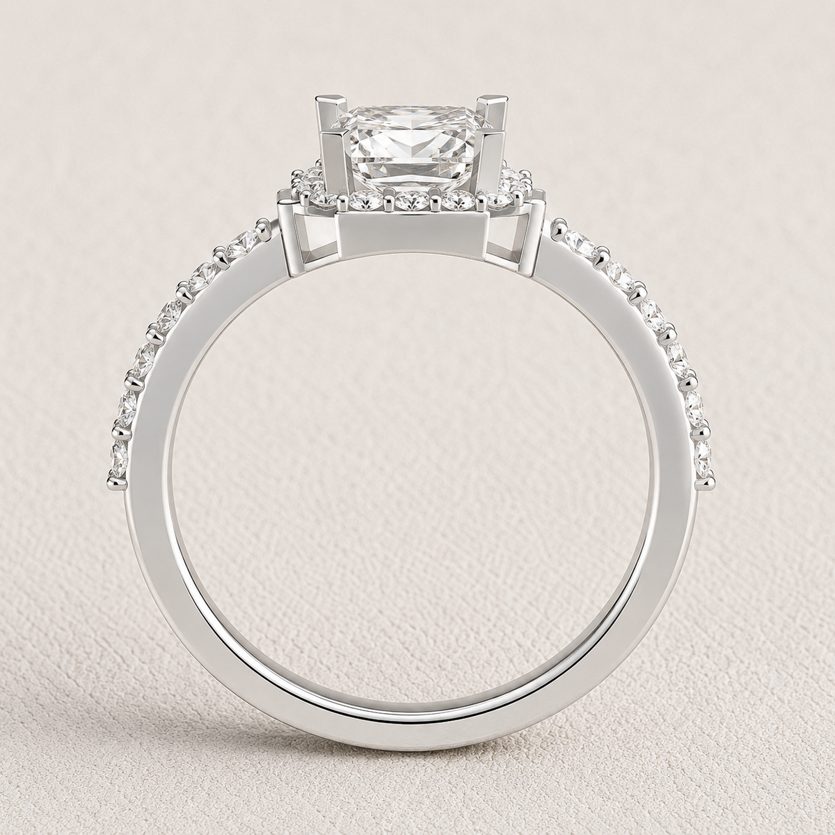 Emerald Cut Lab Grown Diamond & Moissanite Halo Engagement Ring with Pavé Band