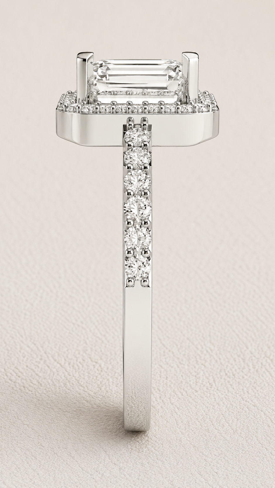 Emerald Cut Lab Grown Diamond & Moissanite Halo Engagement Ring with Pavé Band