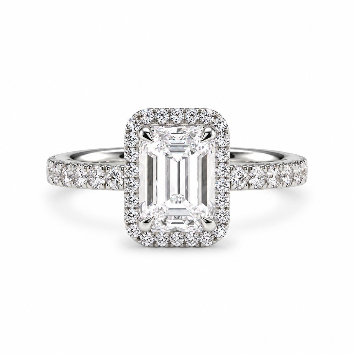 Emerald Cut Lab Grown Diamond & Moissanite Halo Engagement Ring with Pavé Band