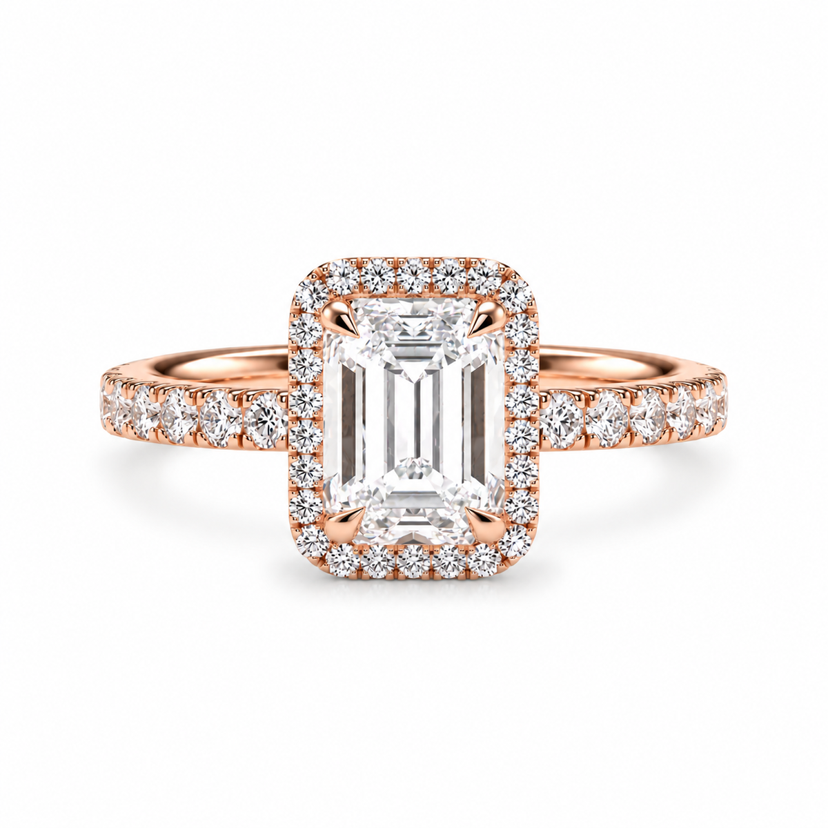 Emerald Cut Lab Grown Diamond & Moissanite Halo Engagement Ring with Pavé Band