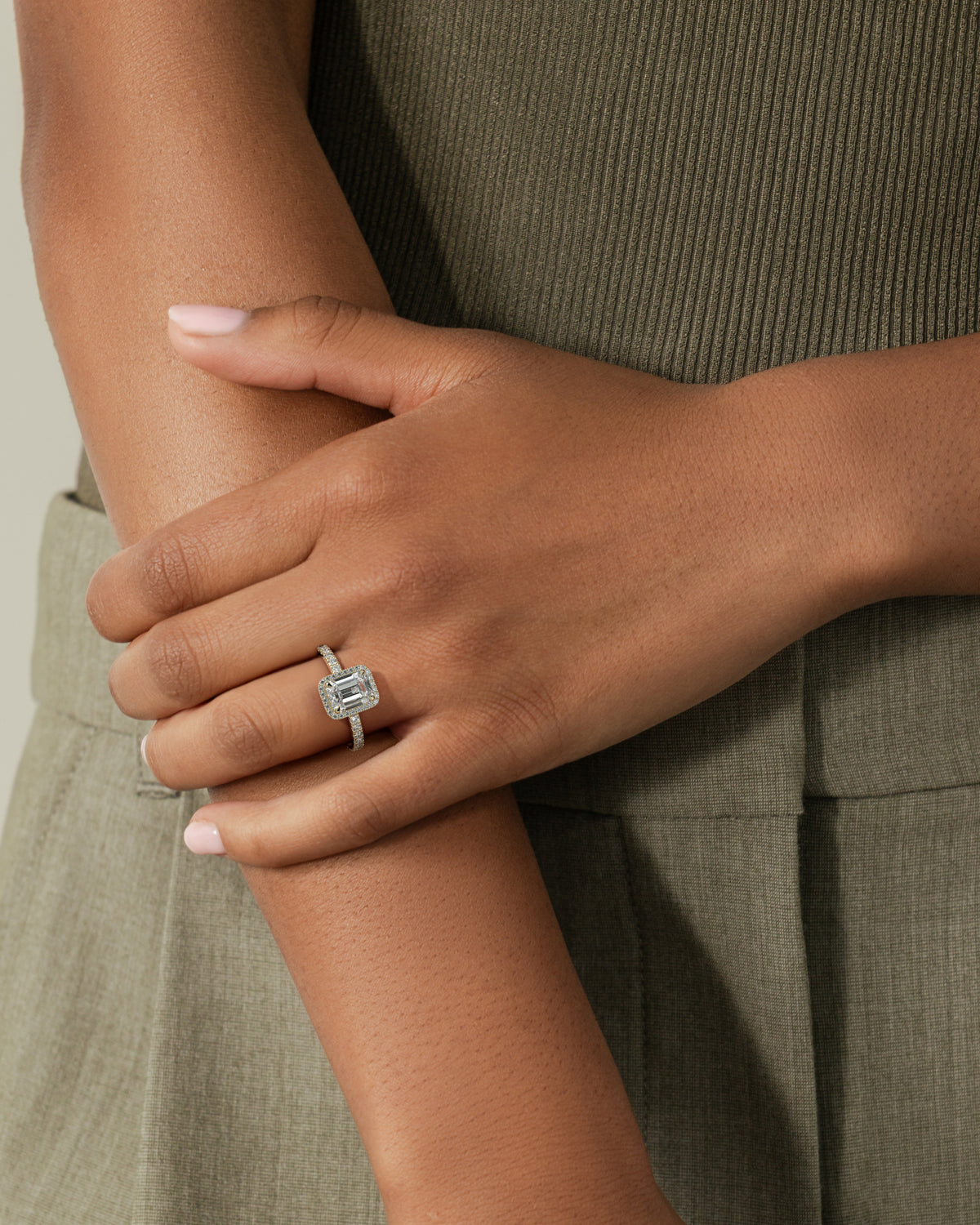 Emerald Cut Lab Grown Diamond & Moissanite Halo Engagement Ring with Pavé Band