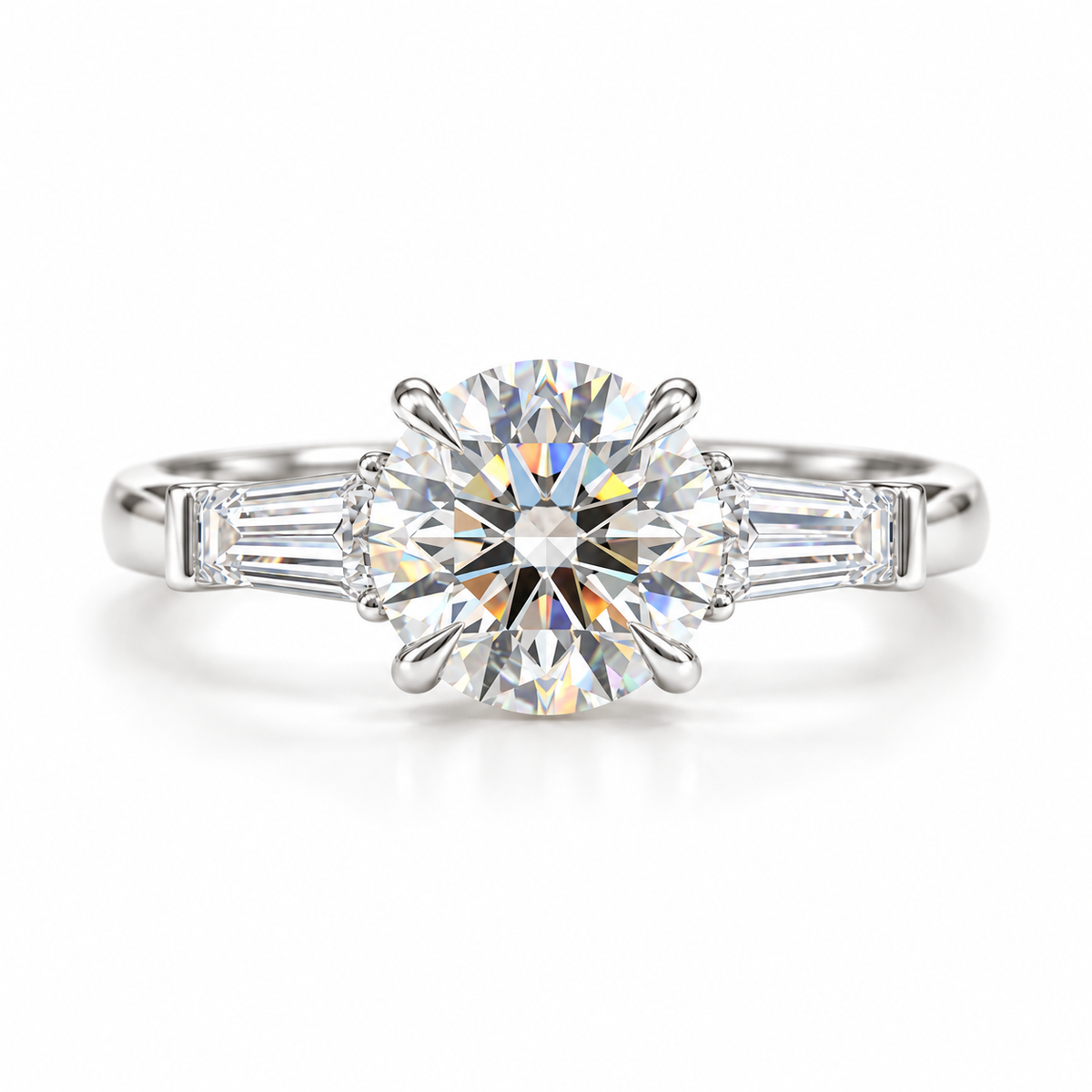 Diamond Engagement Ring Round Solitaire with Baguette Side Stones