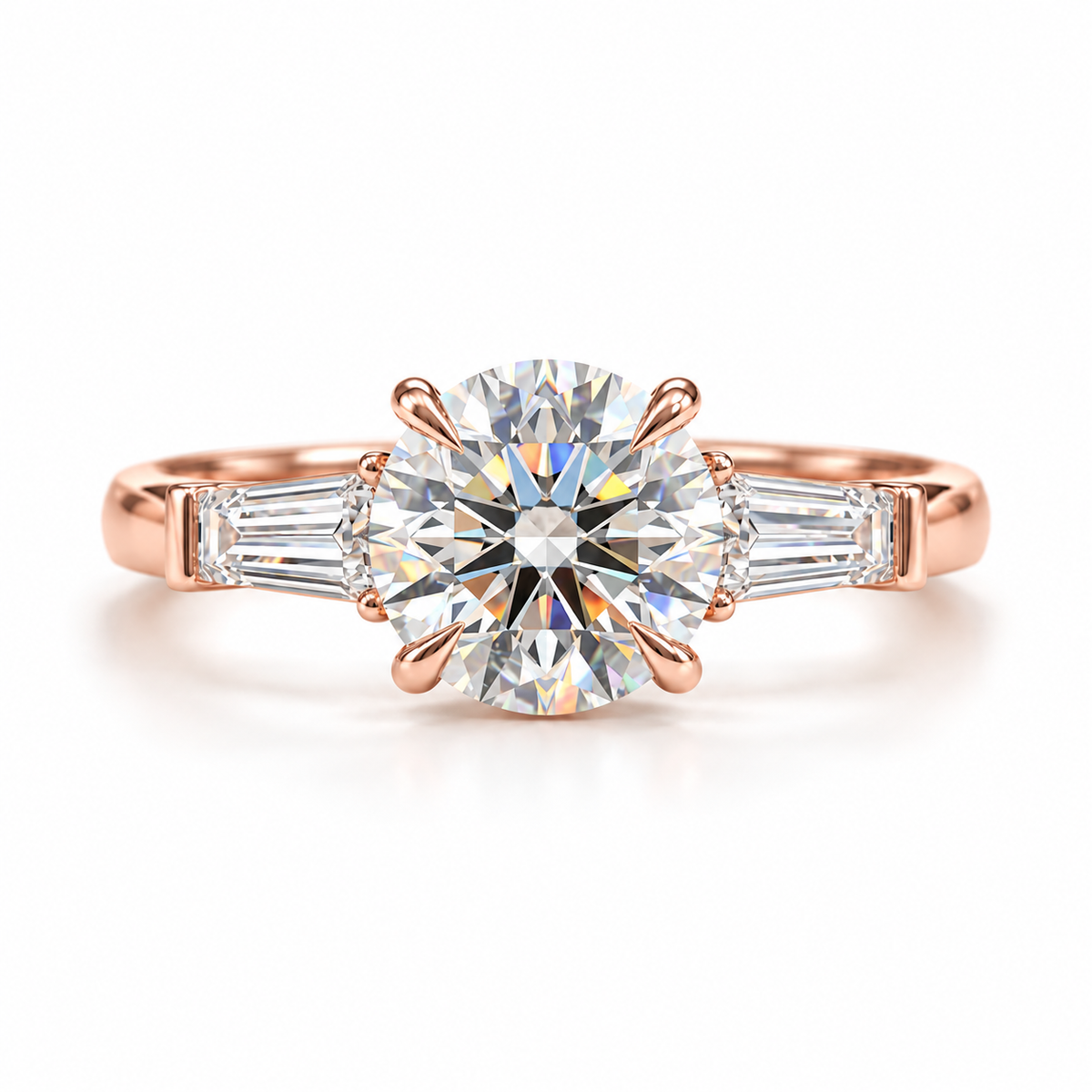 Diamond Engagement Ring Round Solitaire with Baguette Side Stones