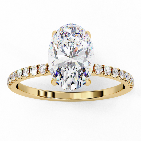 oval lab grown diamond engagement ring in silver, three-quarter view