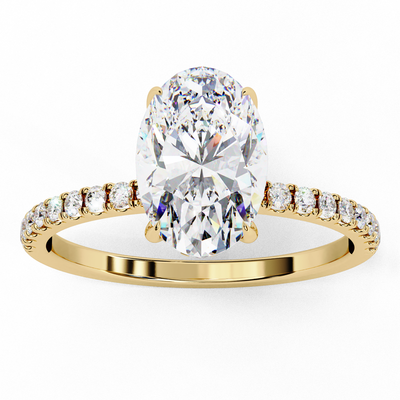 oval lab grown diamond engagement ring in silver, three-quarter view
