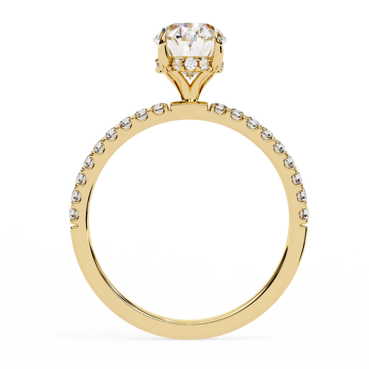 oval lab grown diamond engagement ring in 14K gold, top view