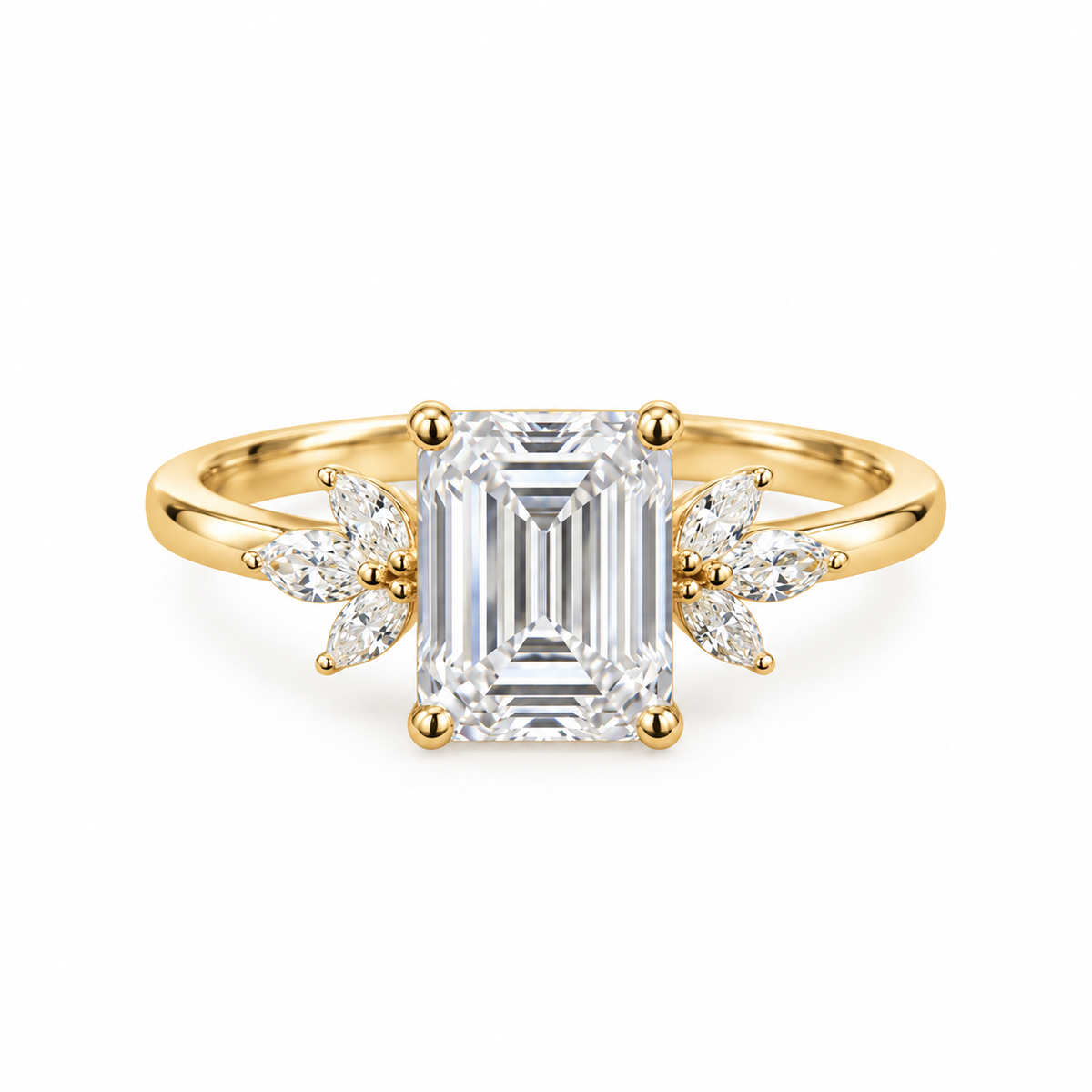emerald lab grown diamond engagement ring in gold, three-quarter view
