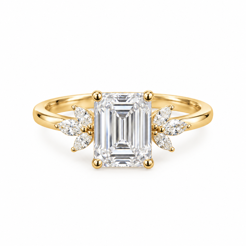 emerald lab grown diamond engagement ring in gold, three-quarter view