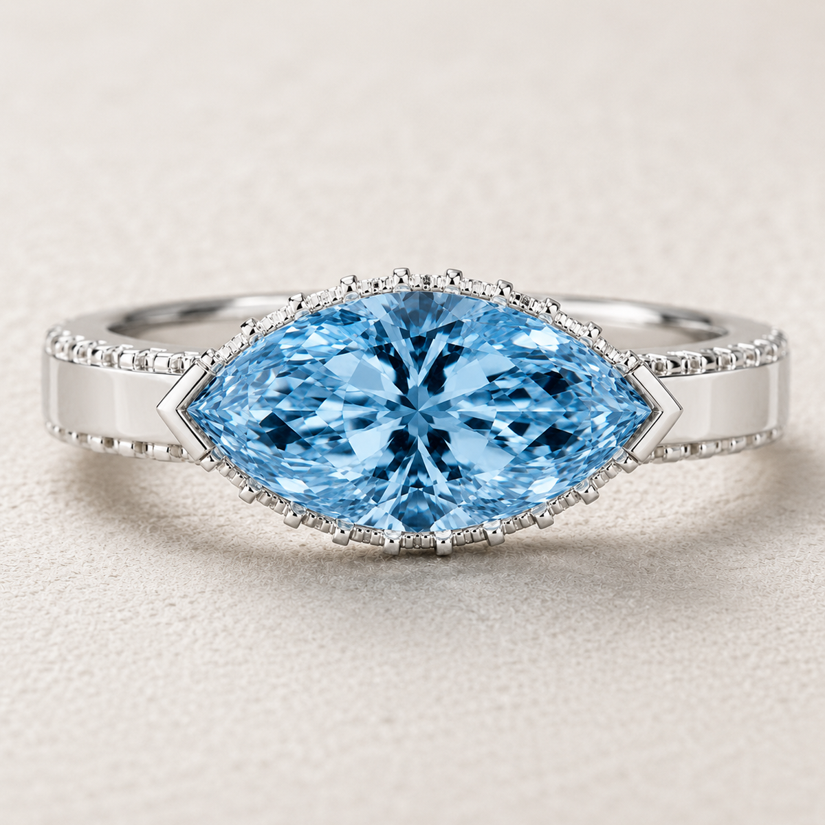 Marquise Cut Blue Gemstone Halo Ring – Lab Grown Diamond & Moissanite