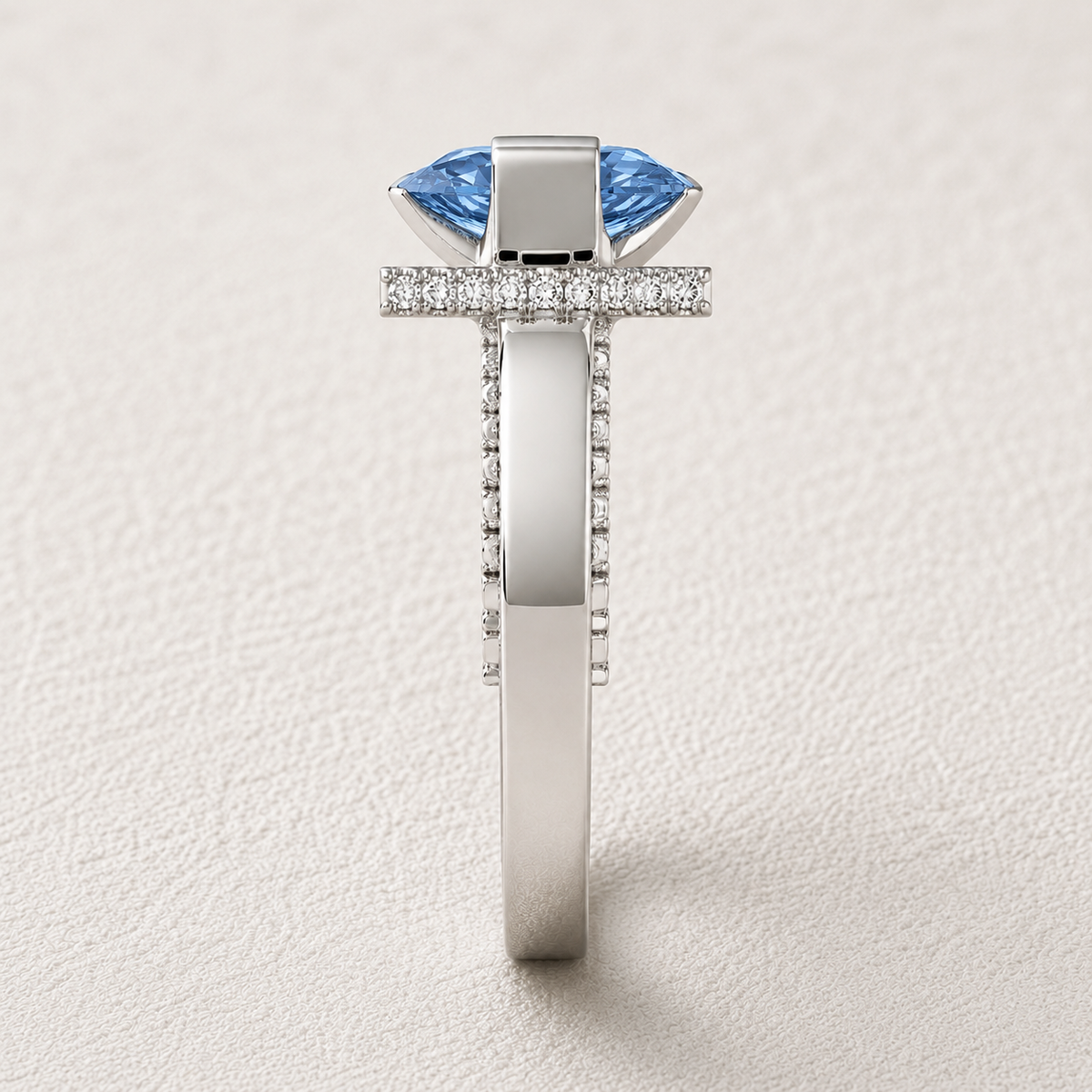Marquise Cut Blue Gemstone Halo Ring – Lab Grown Diamond & Moissanite