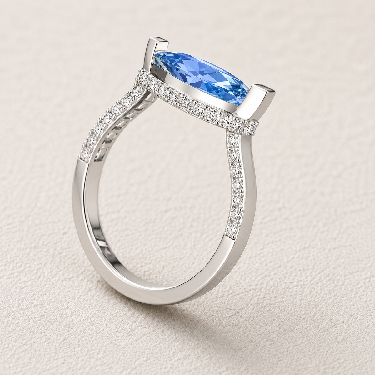 Marquise Cut Blue Gemstone Halo Ring – Lab Grown Diamond & Moissanite